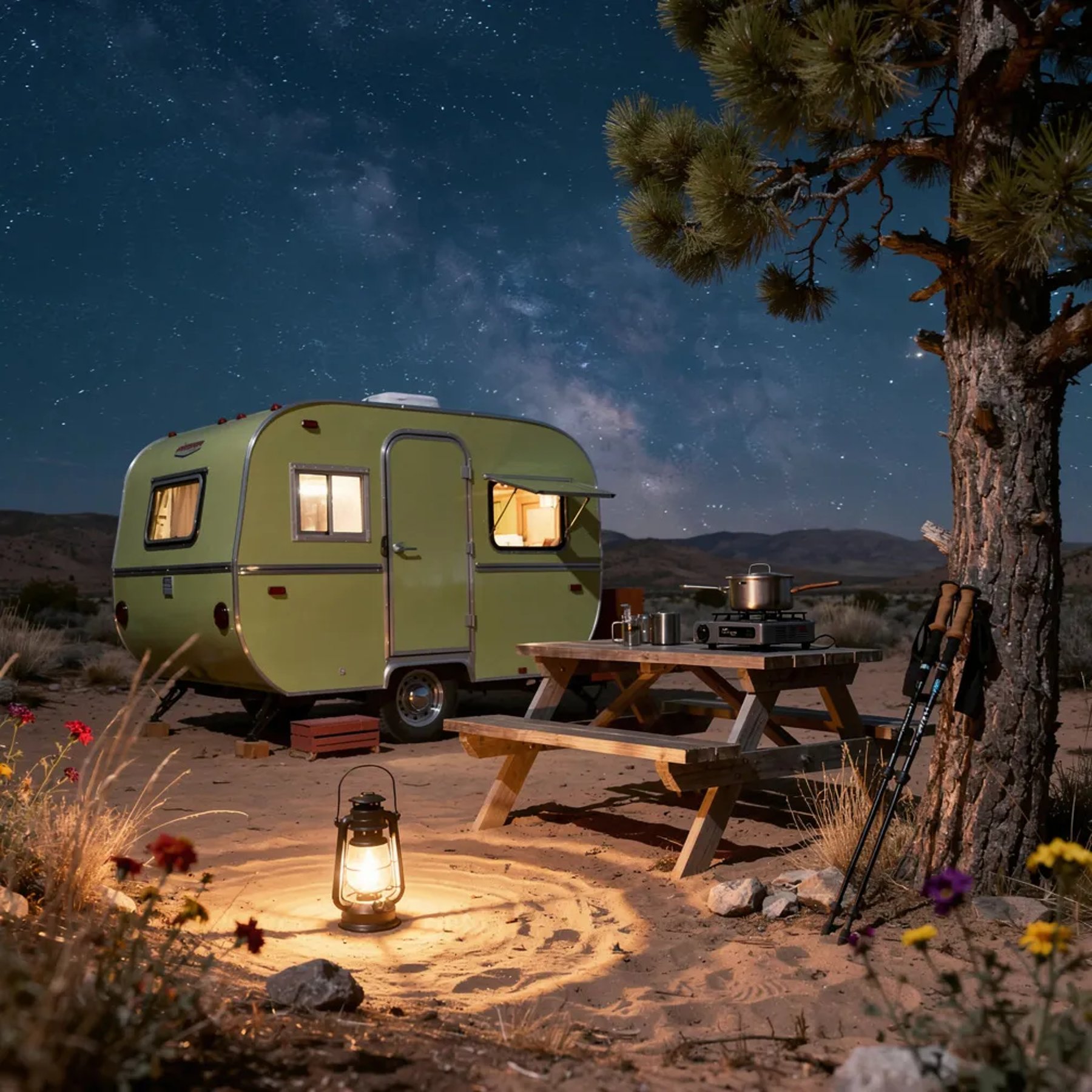 A quiet high-desert campsite rests on sandy ground under a sky packed with stars and the Milky Way. A lime-green vintage caravan sits by a wooden picnic table, while a warm lantern glows like a small campfire. Sparse grasses and tiny wildflowers dot the ground, and a piñon pine stands nearby with trekking poles leaning against its trunk.
