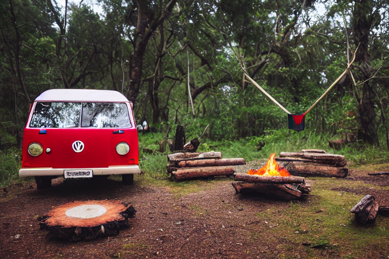 A red-and-white campervan rests on a dirt campsite in stormy Hawaii. A stone-ringed campfire, hanging hammock, and winding hiking path create a cozy outdoor escape.