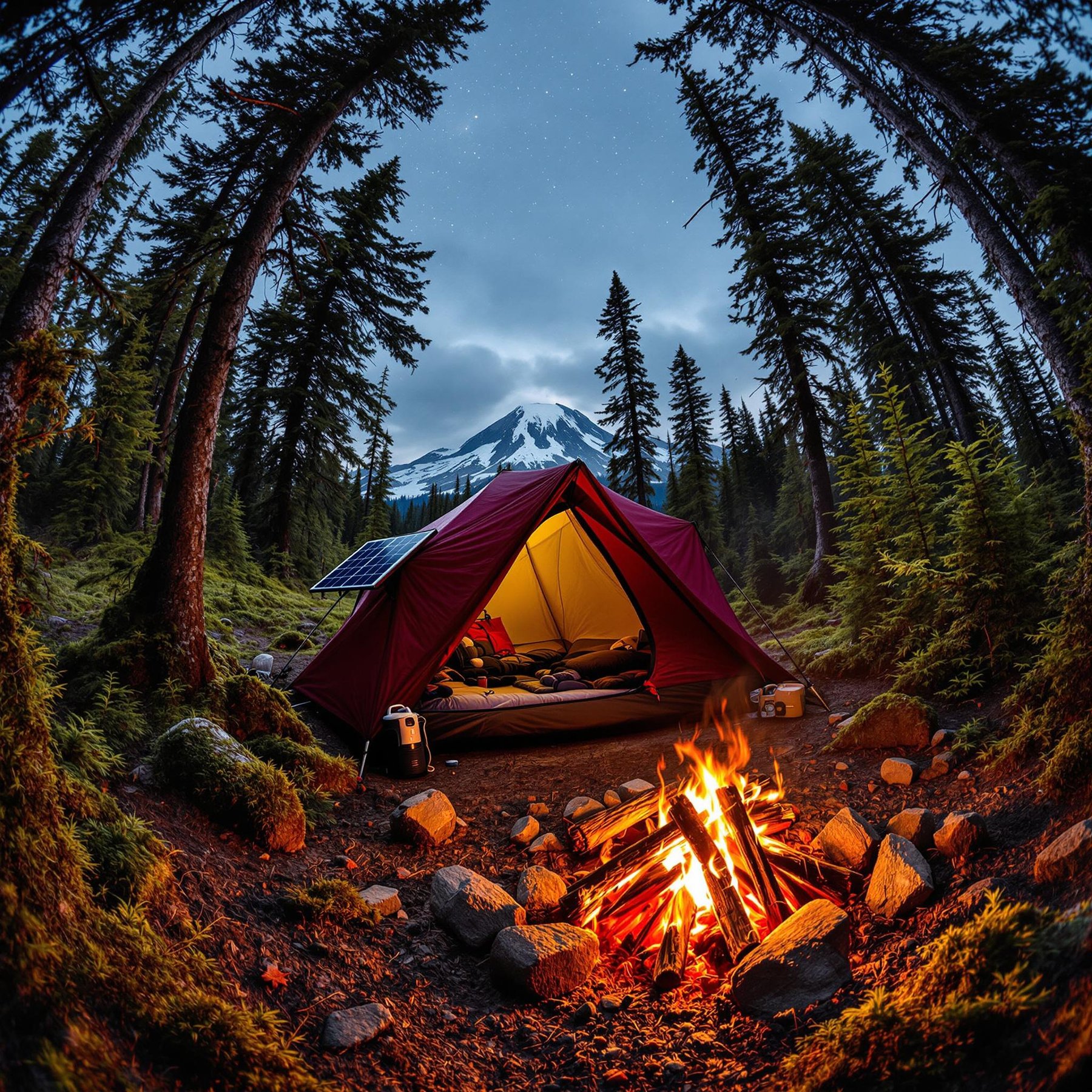 A cozy tent glows under tall pine trees with a warm campfire crackling in front. Snowy mountains rise in the background, and stars twinkle in the evening sky. This is the perfect place to relax and enjoy nature.