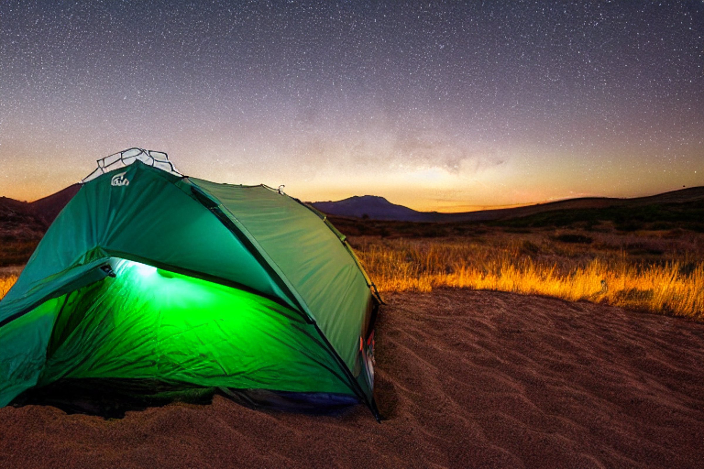 A green Subaru rests at a quiet campsite beneath a glowing sunset. Its rooftop tent shines warmly, while a small lantern lights the rough ground nearby. Rolling hills and forest surround this peaceful spot near the Great Sand Dunes.