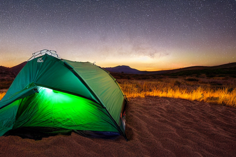 A green Subaru rests at a quiet campsite beneath a glowing sunset. Its rooftop tent shines warmly, while a small lantern lights the rough ground nearby. Rolling hills and forest surround this peaceful spot near the Great Sand Dunes.