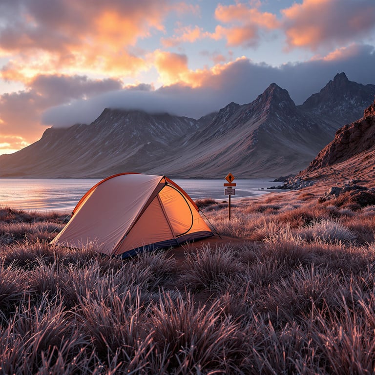 A cozy tent sits on a serene lakeside under a sky painted with orange and pink clouds. Tall, majestic mountains stand like gentle giants in the background. The grass sparkles with morning dew, creating a magical and peaceful campsite.