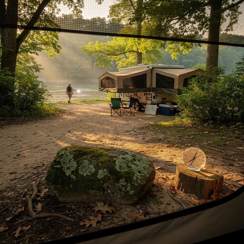 Warm late afternoon light fills a quiet riverside campsite, with sandy ground, scattered leaves, and a sundial making a sharp shadow. A tan pop-up camper sits in a small clearing beside two chairs, while a big mossy rock rests near the front. Thick green bushes and tall trees wrap the spot in cool shade, and a camper with a little flashlight walks near the treeline.