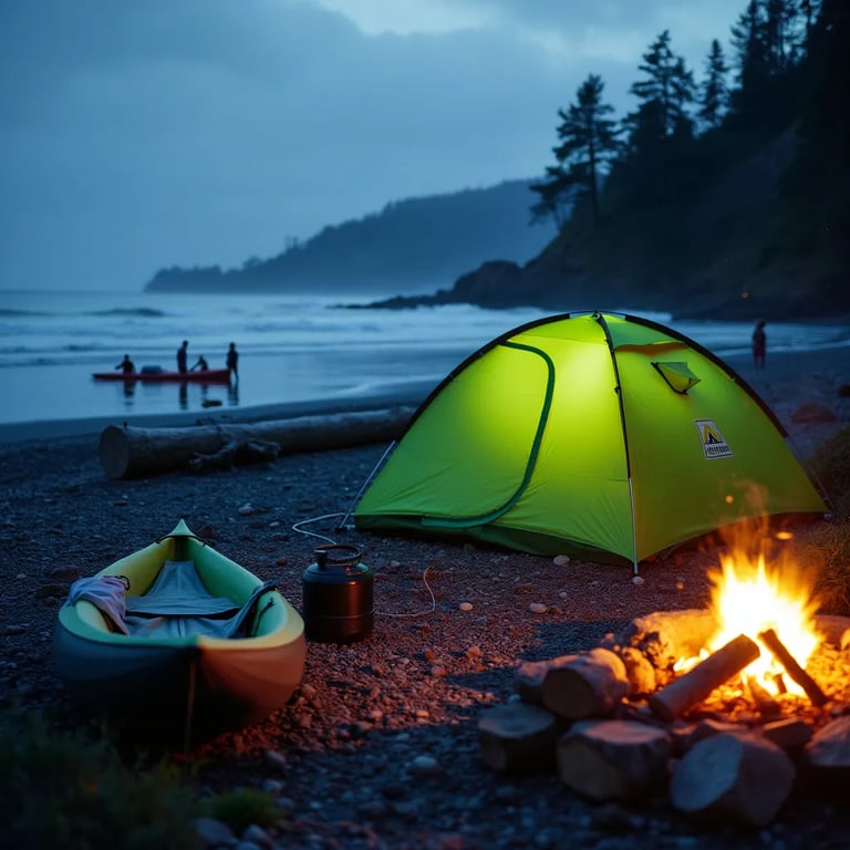 A lime green tent rests by the shore of Vancouver Island as blue-hour skies stretch overhead. A kayak sits near the water, while a solar panel charges beside a warm campfire and a large log. Surfers ride the waves in the distance as light hail falls.