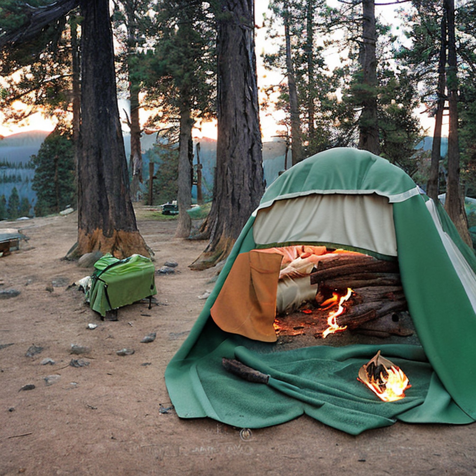 A green and tan tent rests on a dirt clearing in Yosemite as the sun sets. A warm campfire glows beside the logs, with clothes hanging on a nearby line. Boulders, clear skies, and a distant camper with a flashlight add to the peaceful scene.