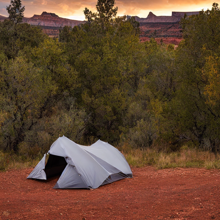 A tent rests on a paved campsite in Capitol Reef as the sun sets behind cloudy skies. Fall-colored trees and a berry-covered bush brighten the dusty ground. In the distance, a camper’s flashlight glows softly.