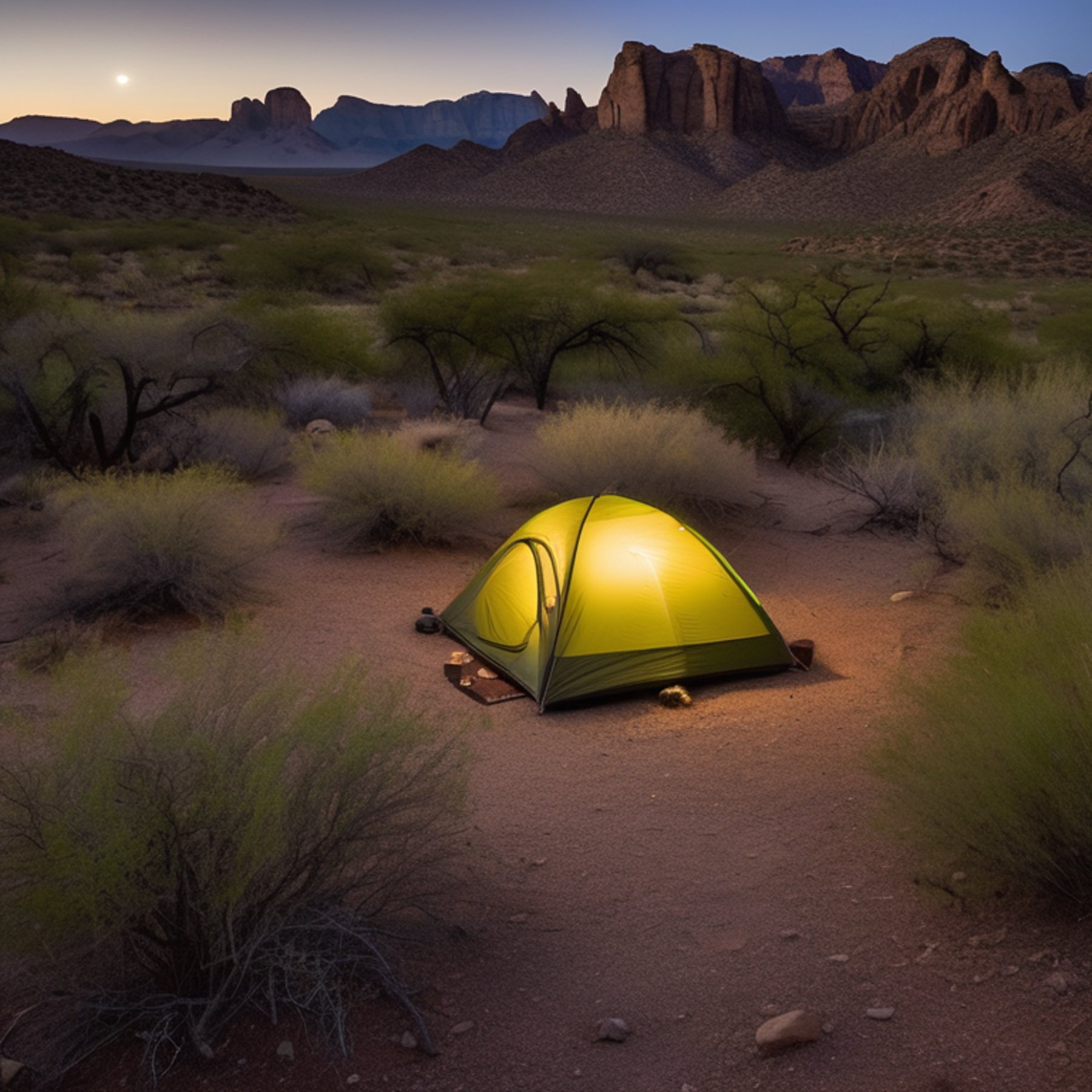 A green and tan tent rests on a quiet dirt patch in Big Bend National Park. A warm lantern glows beside tall grass, stone slabs, and a berry-covered bush under the clear night sky.