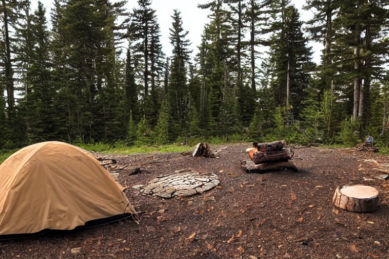 A cozy brown tent sits on a paved campsite along the Maine coast. Tall trees, scattered stones, and a large log surround a small campfire, while a wooden guitar rests nearby. Under the clear blue sky, the campsite feels peaceful and inviting.