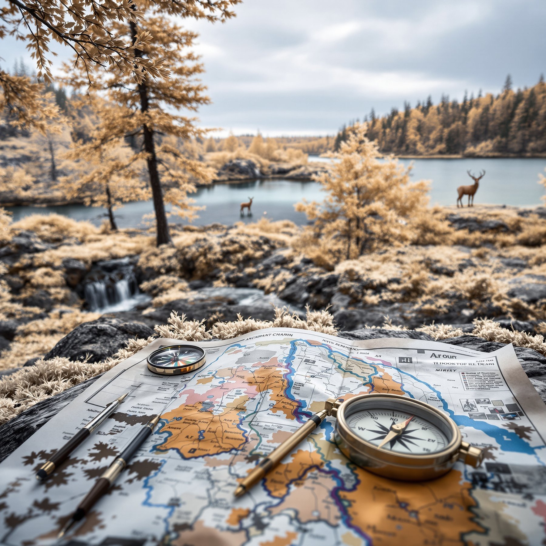 Golden trees surround a peaceful lake, with deer quietly grazing nearby. A gentle waterfall flows over rocks, making the campsite feel calm and wild. Ready for adventure, a map and compass rest on the soft moss.