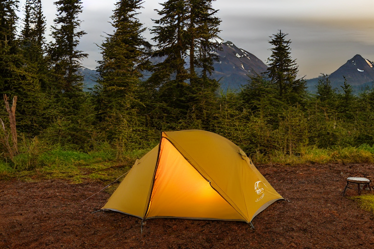 A tan tent rests on a quiet dirt campsite on Vancouver Island. Tall grass, a large log, and a glowing campfire surround the camp, while a mountain rises in the cloudy sunset. Warm flashlight shines from inside the tent.