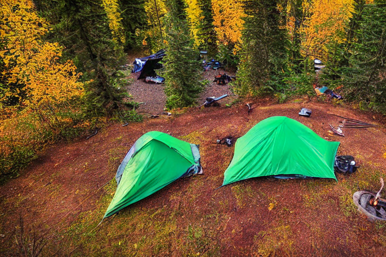 A green camo tent rests beside a quiet paved campsite under a clear night sky. Fall-colored trees, wildflowers, and a hammock create a cozy woodland setting. A campfire glows in the center, with a wooden guitar nearby.