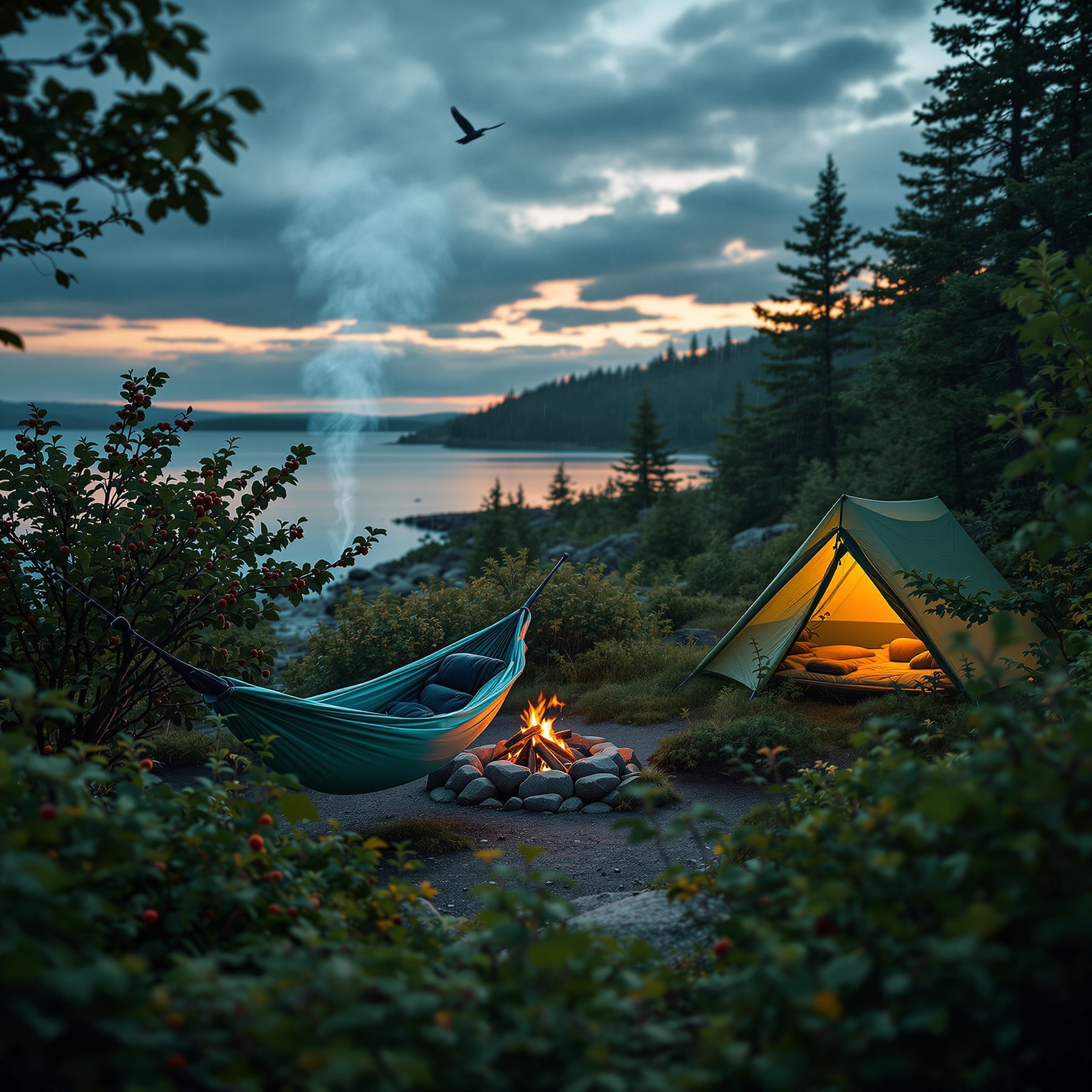 This cozy campsite sits by a calm lake, surrounded by tall pine trees and soft bushes. A warm fire glows between a comfy hammock and a glowing tent. The sky is painted with sunset colors, making it feel peaceful and safe.