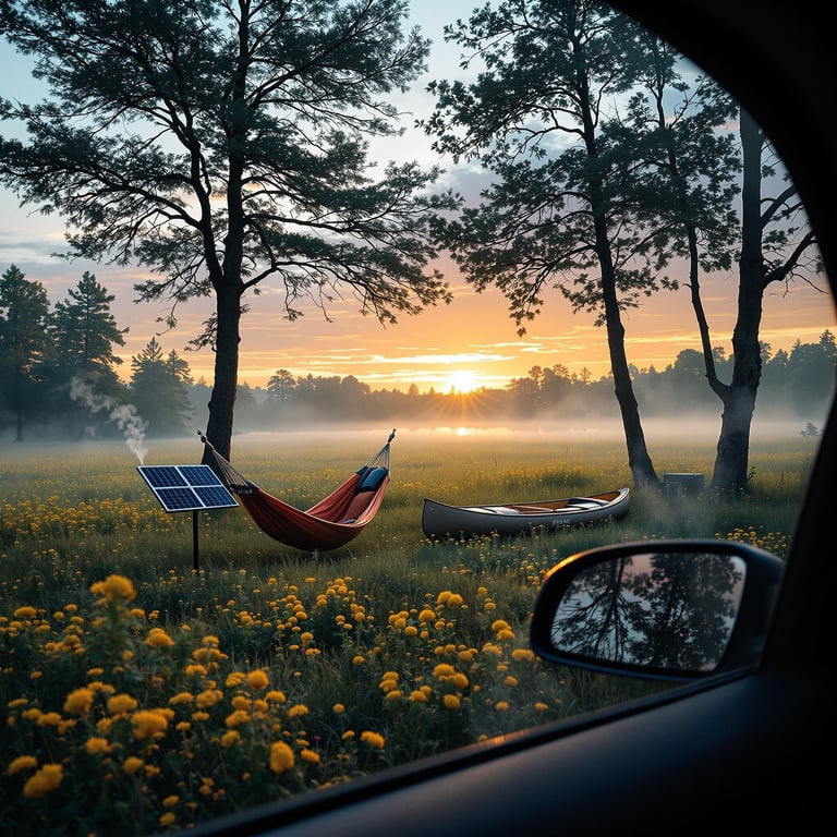 A gentle sunrise paints the sky as a hammock sways between tall trees in a field bursting with yellow flowers. Nearby, a canoe rests on the grass, inviting an adventure on the misty, glowing lake. The air is fresh and peaceful, perfect for a quiet morning at this lovely campsite.