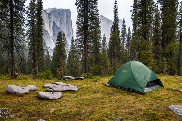A green camo tent rests on a dirt patch at a paved campsite in Yosemite. Mossy trees, large boulders, and tall mountains fade into the cool fog. Surfers add a playful surprise to the peaceful mountain scene.