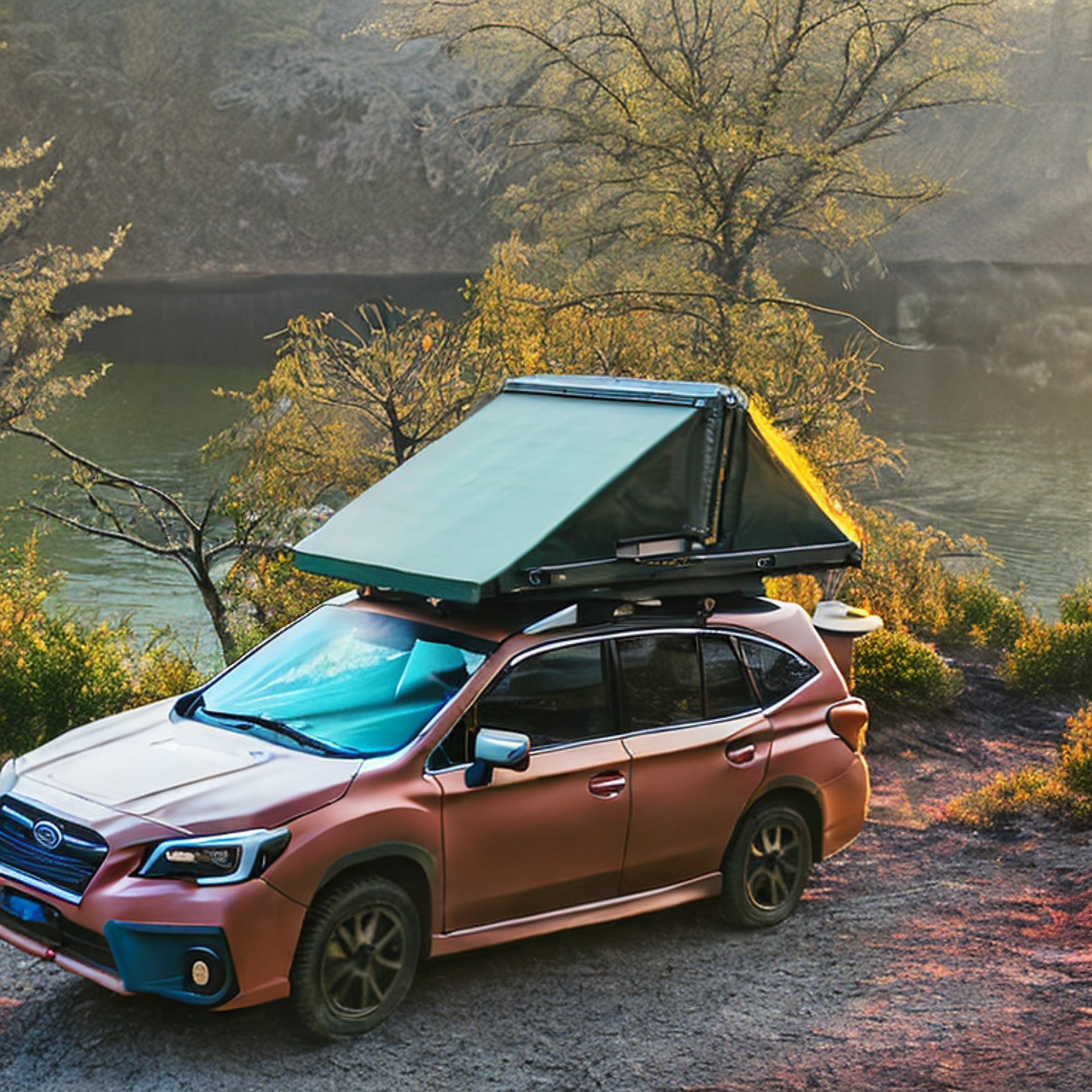 A colorful Subaru with its rooftop tent open rests at a quiet campsite in Plitvice Lakes National Park. Fog drifts through mossy trees and thick bushes as the sun sets. Stones surround a small dirt patch, creating a cozy woodland retreat.