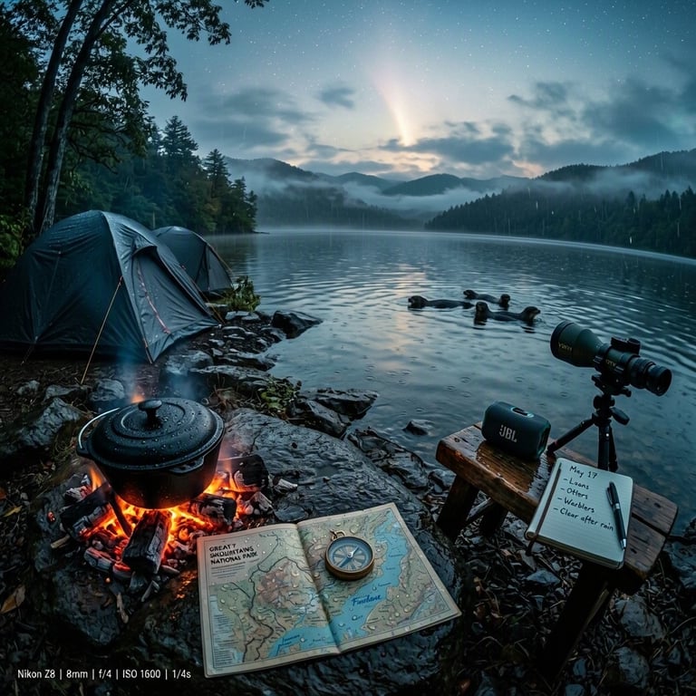 A quiet campsite rests beside Fontana Lake before sunrise, with misty mountains rising beyond the water. Light rain falls on two charcoal tents, while a warm Dutch oven glows on the rocky shore. An open map, compass, and camping gear wait nearby as otters drift offshore.