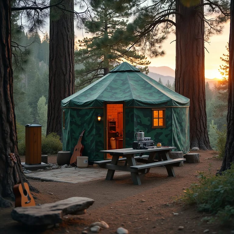 A green camo yurt rests among towering sequoias as the sun sets. A picnic table holds a small camping stove, while a wooden guitar lies nearby. An outdoor shower with a privacy screen adds a cozy touch to this peaceful campsite.