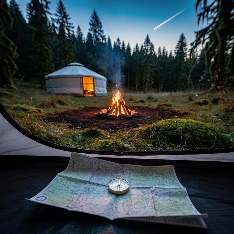 A quiet forest clearing rests in the blue light after sunset, with damp moss and tall pine trees all around. A small campfire glows and sends a thin ribbon of smoke into the calm air. Nearby, a white yurt shines softly from inside, making the campsite feel warm and safe. In the tent window, a map and brass compass sit ready for the next adventure.
