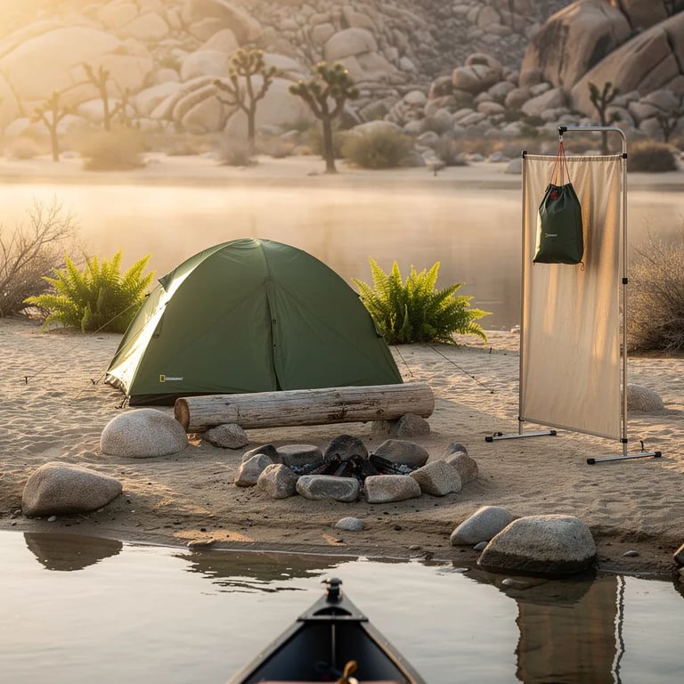 A quiet desert oasis campsite sits by a calm shoreline, with sandy ground and scattered granite rocks. Soft morning mist floats above the water as warm sunlight begins to glow. A forest-green shelter stands near a stone fire ring with a big old log beside it, and a simple shower screen waits nearby. The whole place feels peaceful and fresh, like the day is just waking up.