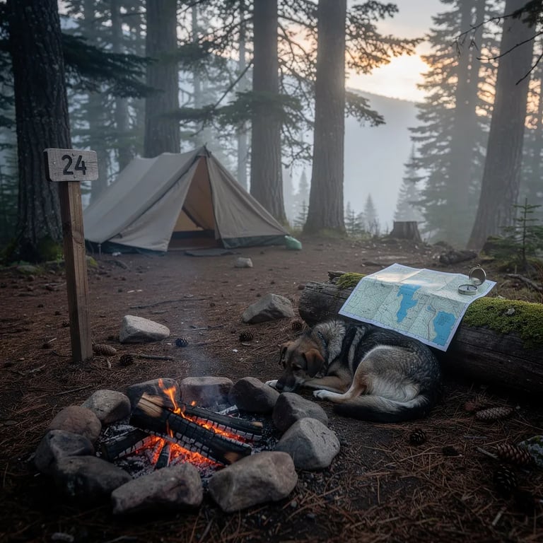 Tall evergreen trees surround a quiet clearing covered in dirt and pine needles, with a simple lean-to tucked in the shade. Soft morning fog drifts through, hinting at the lake far away, while a small fire ring glows with warm embers. A wooden sign marked “24” stands nearby, and a sleepy dog curls up beside the ashes.