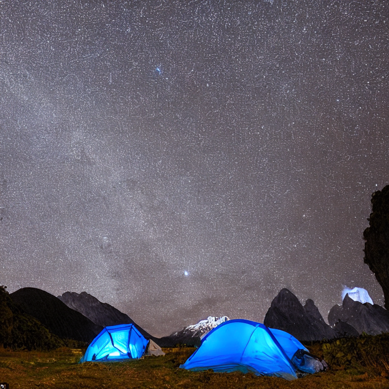 A blue and gray tent rests on a quiet dirt campsite beneath a star-filled sky in snowy Milford Sound. A lantern glows nearby, while a distant camper shines a flashlight and a deer watches from the trees.