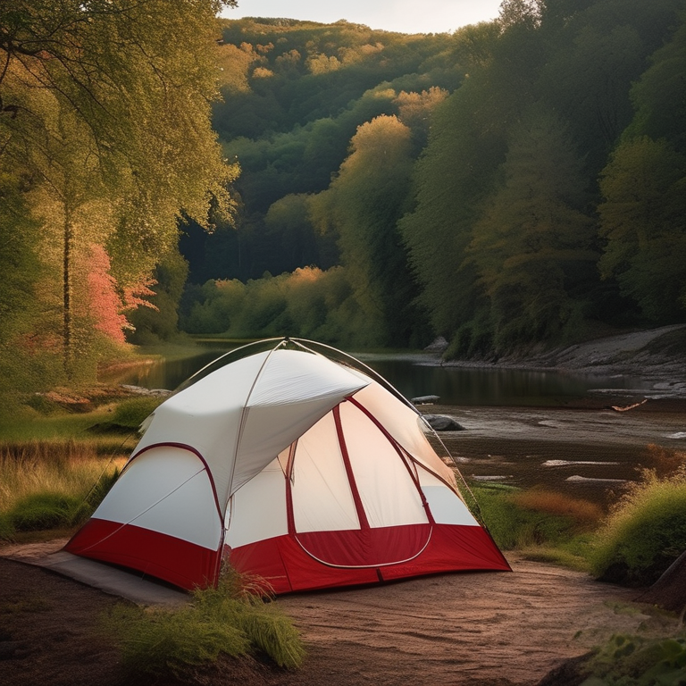A red and white tent rests on a paved campsite in an overgrown forest. A clear stream winds through the rough ground, with a large rock and fallen leaves nearby. Warm sunset light shines through the trees under a clear sky.
