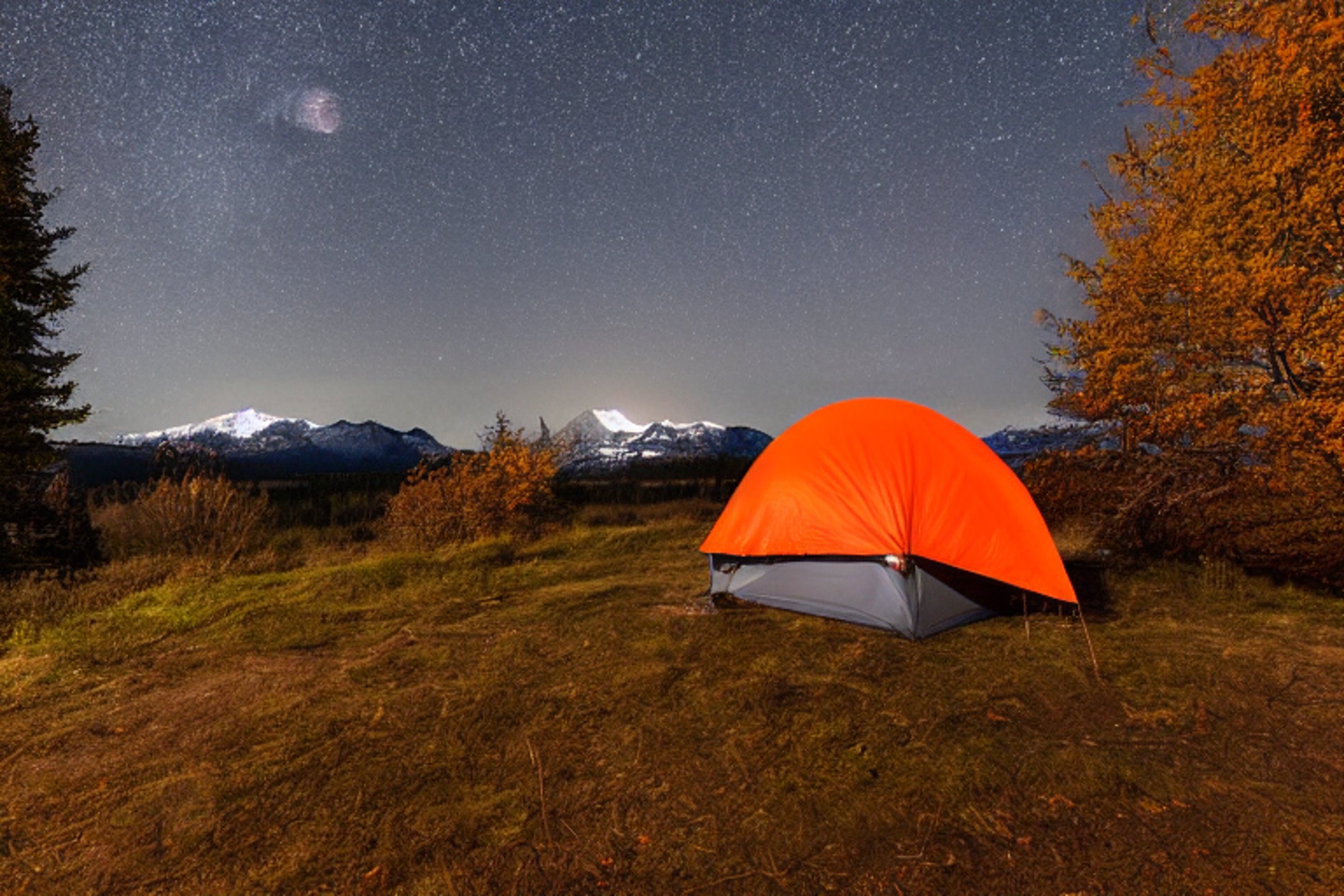A gray and orange tent rests beside a dirt patch under a star-filled sky. Fall-colored trees, misty mountains, and a distant moon create a quiet night in Washington. A backpack sits nearby, ready for adventure.