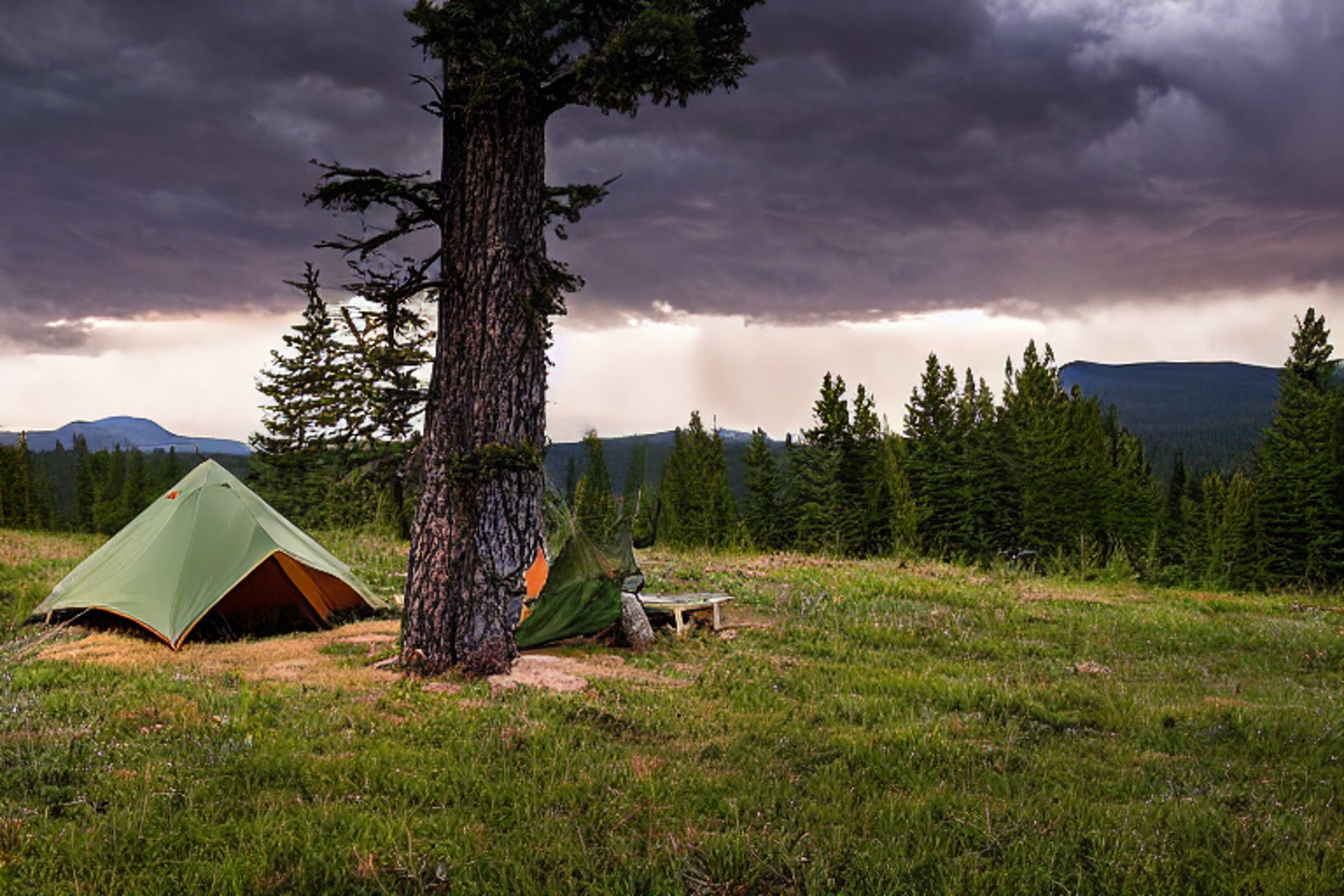 A green and tan tent sits on a dirt patch at a quiet Montana campsite. A hammock hangs between the trees beside a picnic table and berry bushes. Stormy clouds gather as the sunrise casts a soft glow over the rough land.