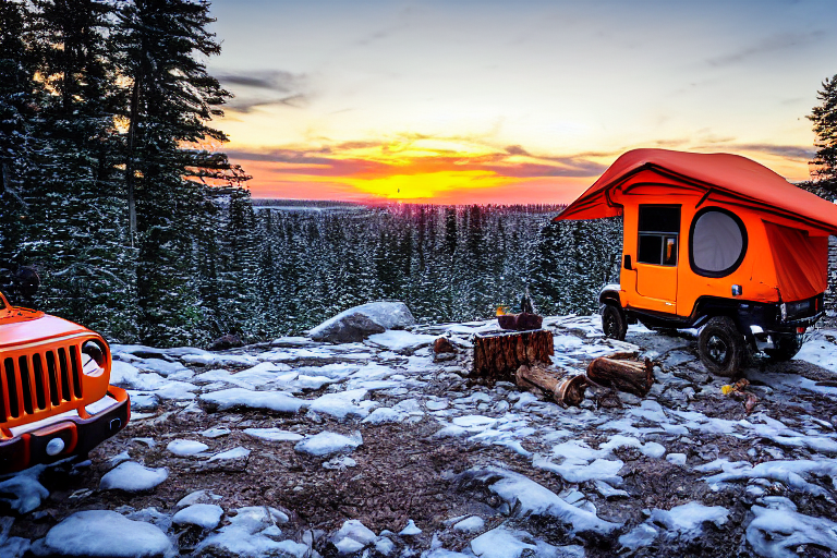 An orange Jeep with a rooftop tent rests at a snowy campsite on Minnesota’s North Shore. Hikers gather near a campfire beside a large log and rock as the sunset glows over the quiet landscape.