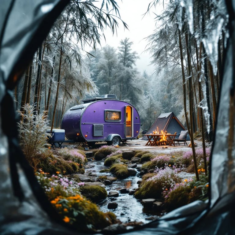 A purple teardrop trailer rests among tall bamboo and bright wildflowers. A clear stream winds through the campsite, with a cooler beside the tent. Soft gray light and icy branches give the forest a cool, peaceful feel.
