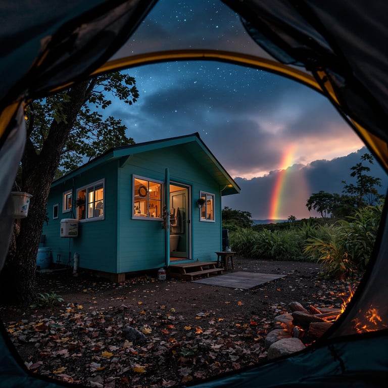 A teal cabin rests in the lush Hawaiian woods beneath a starry, stormy sky and a bright rainbow. A campfire sends smoke upward, while a hanging food container and a small outdoor shower add to the cozy campsite.