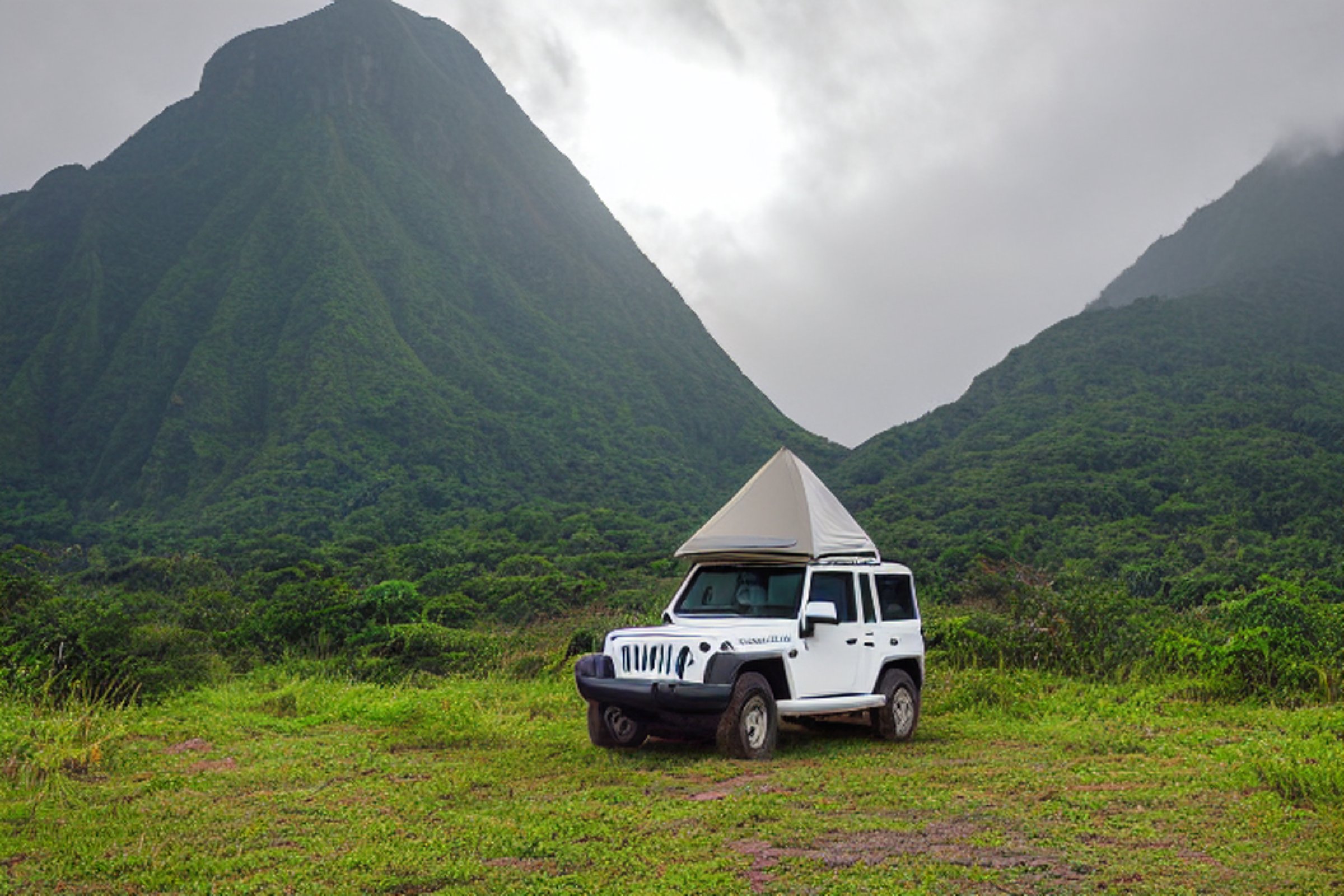 A white Jeep with a rooftop tent rests at a peaceful campsite in Soufrière, St. Lucia. Misty mountains rise in the background as sunrise light glows through the cloudy sky. Fallen leaves and rough ground give the spot a wild, cozy feel.