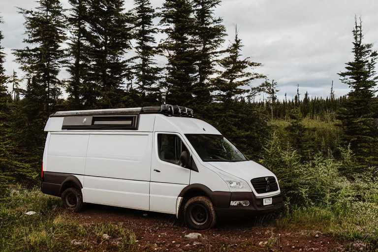 A white camper van rests on a leafy dirt campsite in Isle Royale National Park. A small stream winds through the camp, while hikers explore nearby under a cloudy sunset sky. Berry-covered bushes add a bright touch to the peaceful woods.