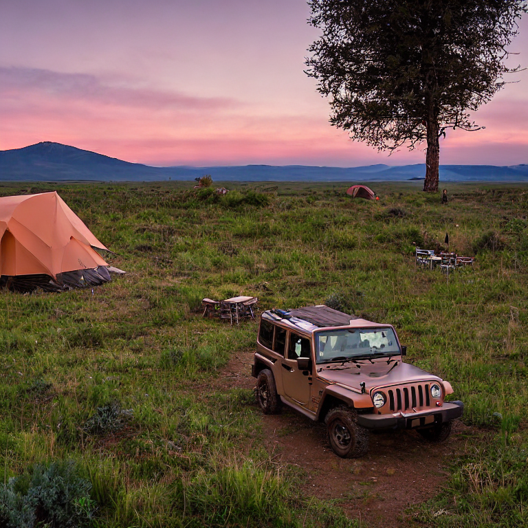 A brown Jeep with a rooftop tent rests on a quiet dirt campsite in the Idaho plains. Ferns, stones, small trees, and camping chairs surround the clearing as soft fog rolls through the warm sunset light.