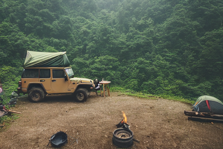 A green-and-tan Jeep with an open rooftop tent rests in a rainy campsite beneath the cliffs of Zhangjiajie. Hikers gather around a warm campfire, with backpacks and logs scattered on the muddy ground.