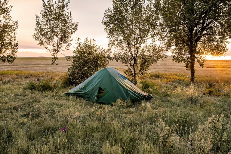 A green camo tent rests on a quiet dirt patch in the Idaho plains at dusk. A large rock, fallen leaves, wildflowers, and a berry-covered bush surround the camp under a cloudy sky.