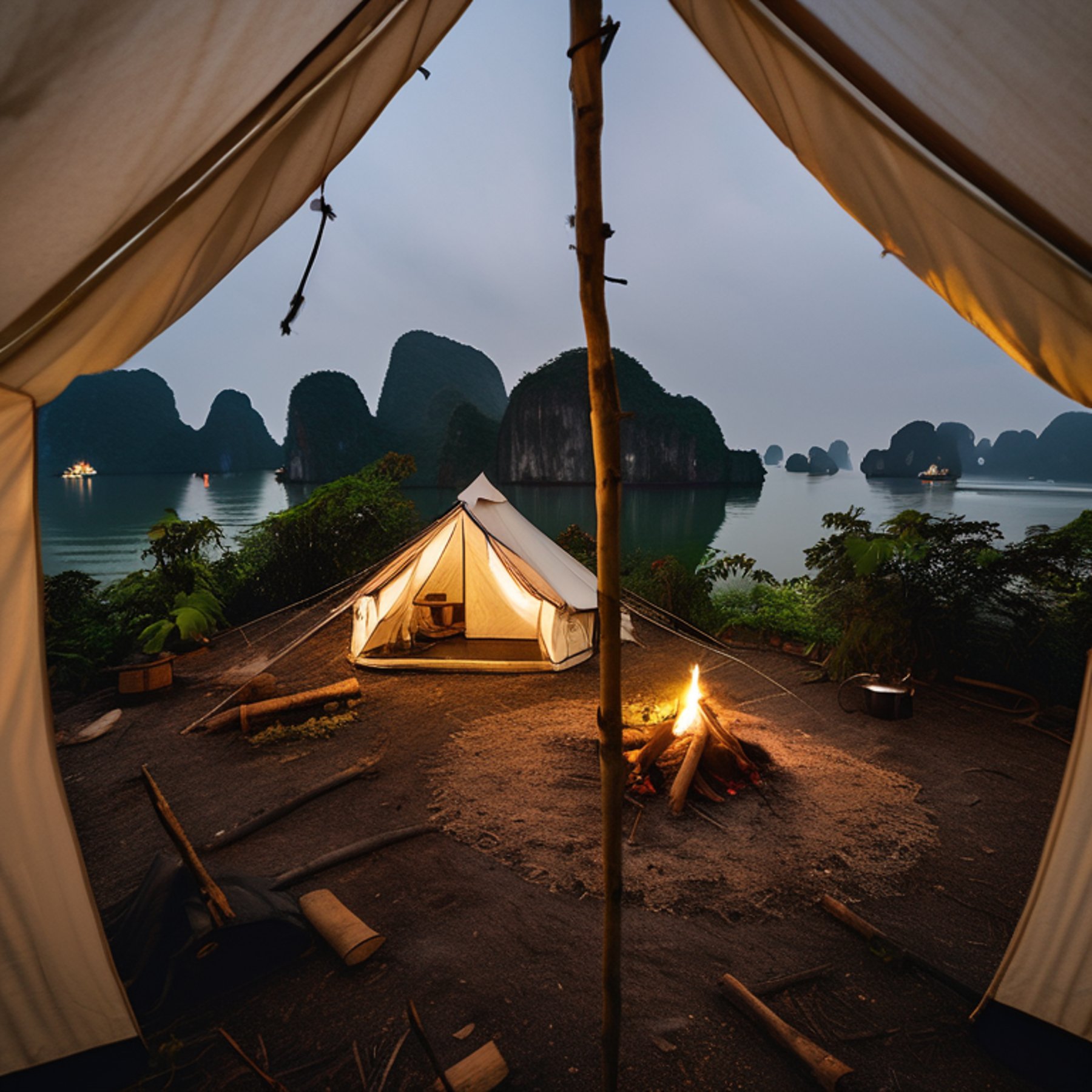 A white tent glows softly on a quiet dirt campsite in snowy Halong Bay. Leaves, wildflowers, and a large log surround the warm campfire, creating a cozy feel beneath the dark night sky.