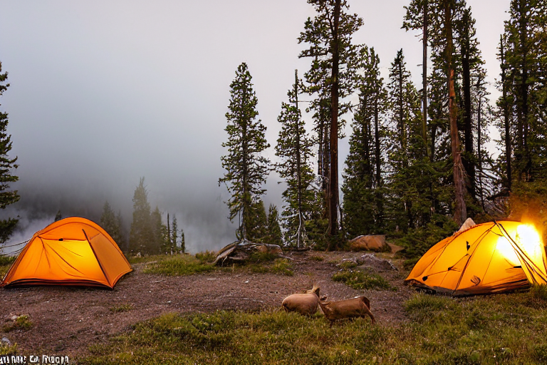 A cozy tent rests beside a campfire on a rocky patch in Yellowstone. A dirt trail winds through the fog, while a deer stands far away among the wild hills. Sunset light gives the campsite a warm, peaceful glow.