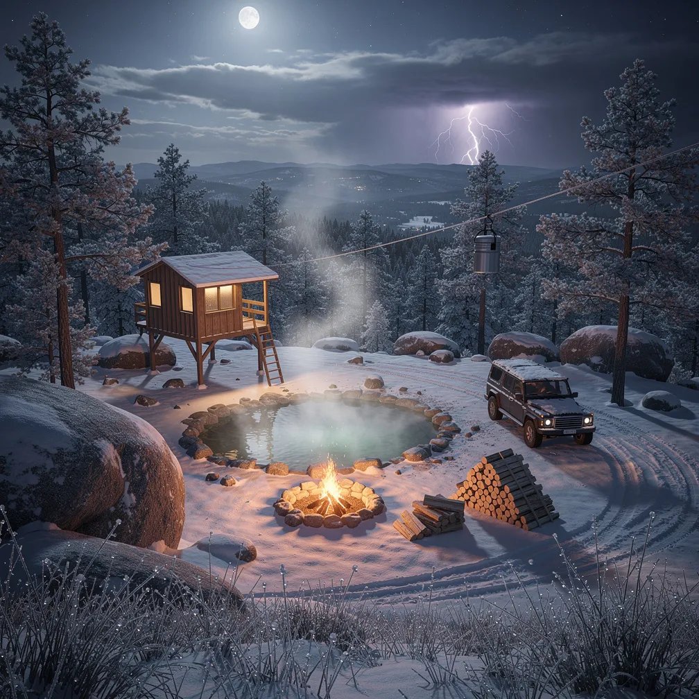 A quiet winter campsite sits beside a steaming hot spring, tucked among snowy pine trees and big gray rocks. A small wooden treehouse shelter glows in the warm light of a campfire, while the moon makes the snow shine blue. Nearby, a 4x4 is parked by a neat stack of firewood, and a food canister hangs safely from a rope. Far away, faint lightning lights up the low clouds on the horizon.