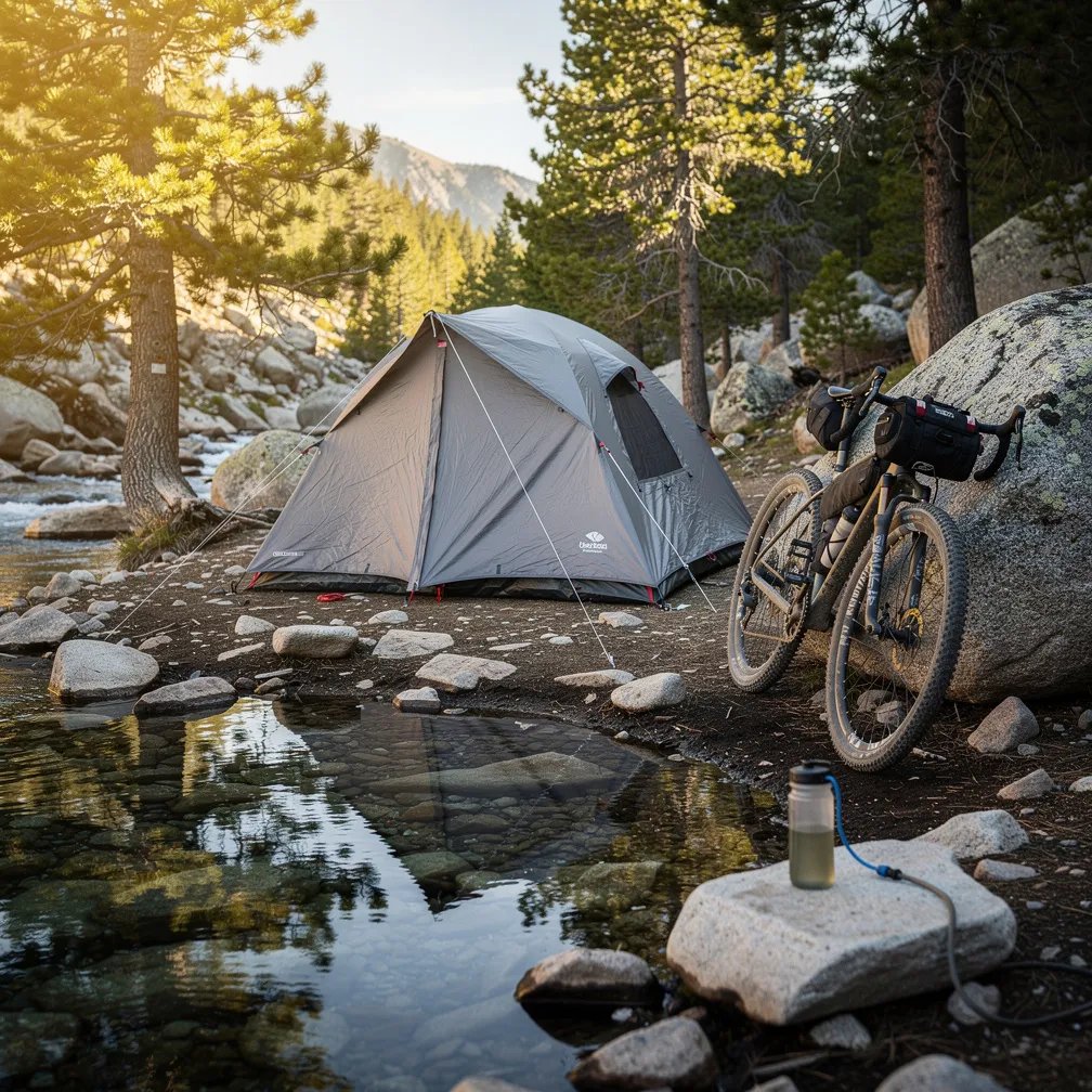 A slate gray tent sits on rocky ground beside a clear creek, where the still water makes shiny reflections. Warm sunset light glows on the stones while cool shadows rest under the pines. A gravel bike leans on a rock, and a water bottle and filter wait on a flat stone by the stream. The whole place feels quiet, crisp, and far away from everything.