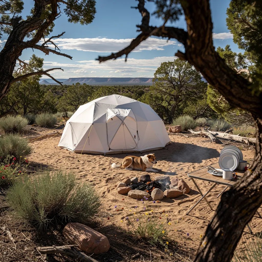 A white dome tent sits on sandy ground beside piñon and juniper trees in the hot New Mexico desert. The midday sun makes sharp shadows, and a light dusty haze hangs in the air. A small stone fire ring glows faintly while a sleepy dog rests nearby, with camp plates stacked neatly on a low table.