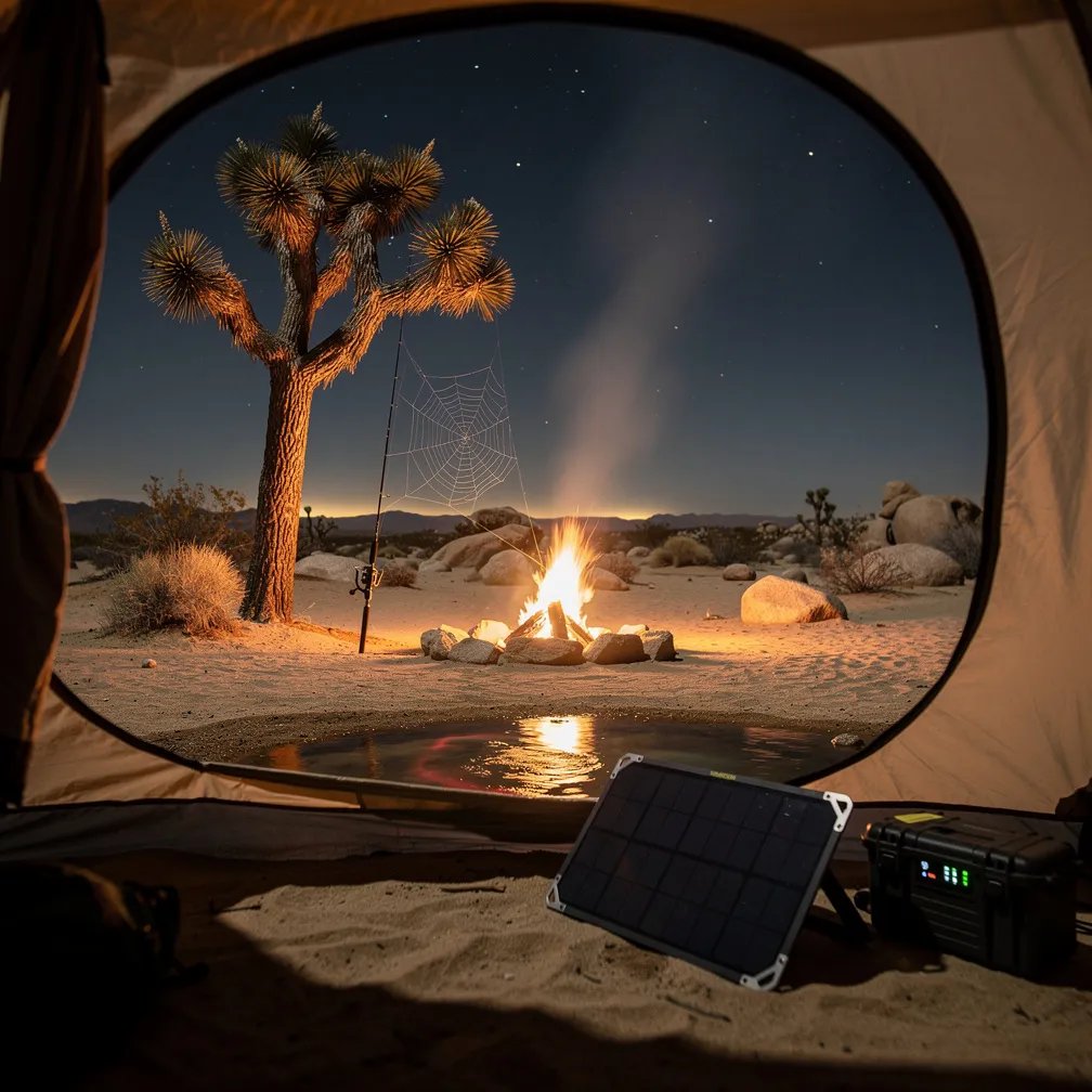 Outside the tent, a small campfire glows on the sandy desert floor, lighting up scrub plants and big granite rocks. A twisted Joshua tree stands nearby with a fishing rod leaning on it, and a tiny spider web sparkles in the firelight. The sky is dark and full of stars, with a faint glow on the far horizon and a still pool of water softly reflecting the night.
