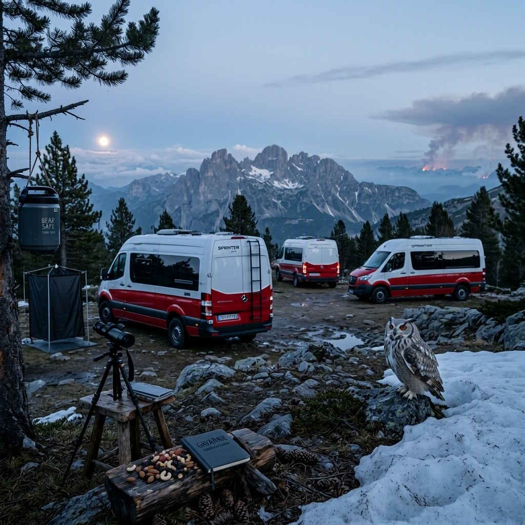 Three red-and-white camper vans rest in a quiet pine clearing high in the snowy Pyrenees. A pale owl watches from a snowbank as blue twilight settles over smoky mountain peaks. Nearby, a hanging food box, outdoor shower, and simple camp gear add to the peaceful wild setting.