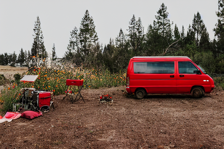 A bright red van rests at a sunny campsite along the California coast. Wildflowers and twigs dot the dirt, with rolling hills stretching under a clear blue sky. A small figure with a flashlight stands in the distance.