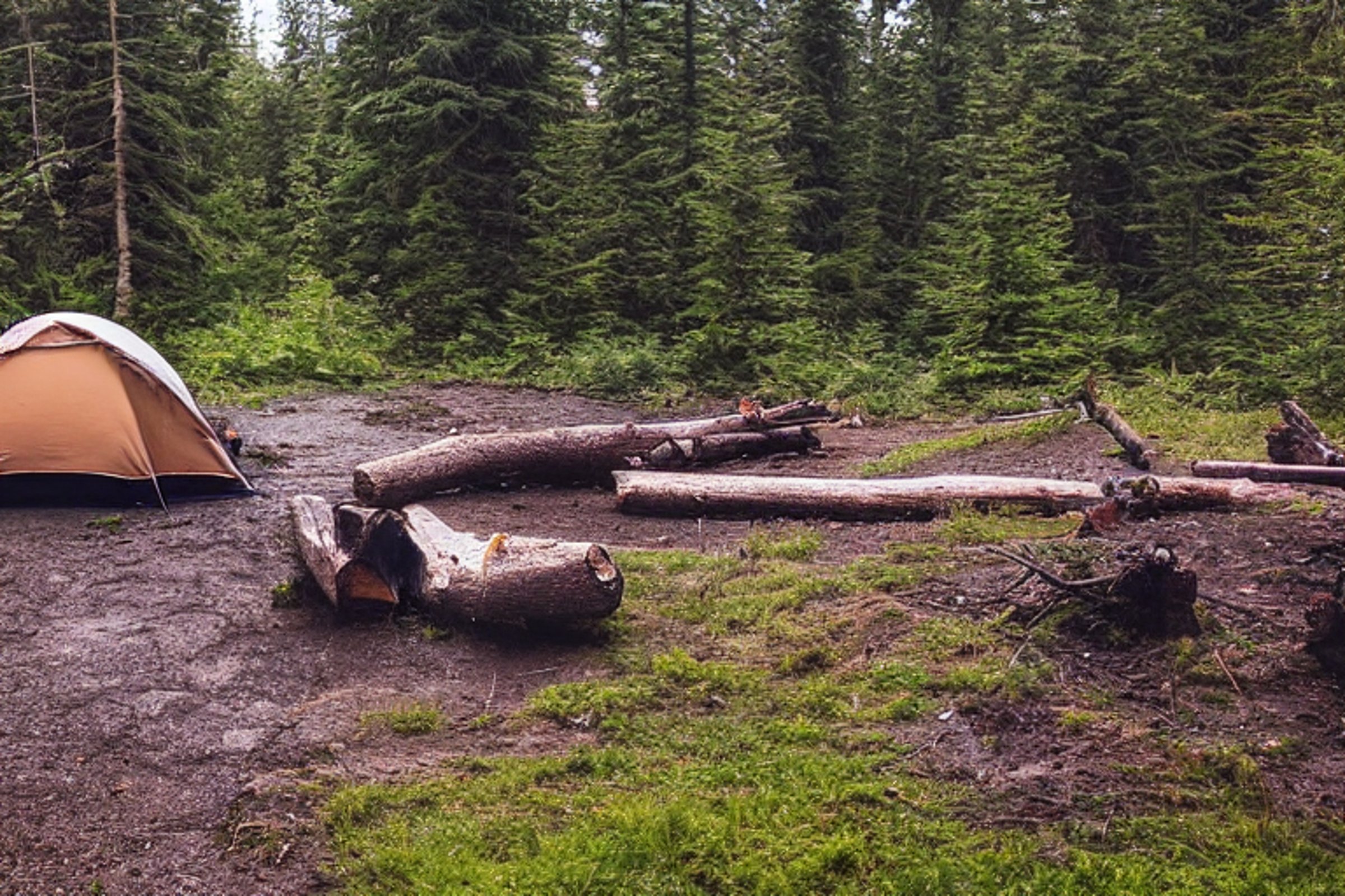 A cozy brown tent rests on a paved campsite on Vancouver Island as the sun sets beneath cloudy skies. A small stream winds through the dirt, with a wooden log and twig near the campfire. In the distance, a person’s flashlight glows softly.