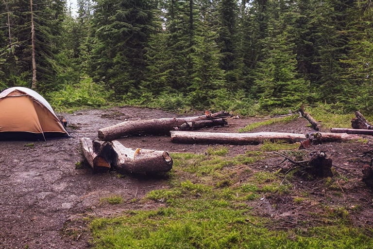 A cozy brown tent rests on a paved campsite on Vancouver Island as the sun sets beneath cloudy skies. A small stream winds through the dirt, with a wooden log and twig near the campfire. In the distance, a person’s flashlight glows softly.