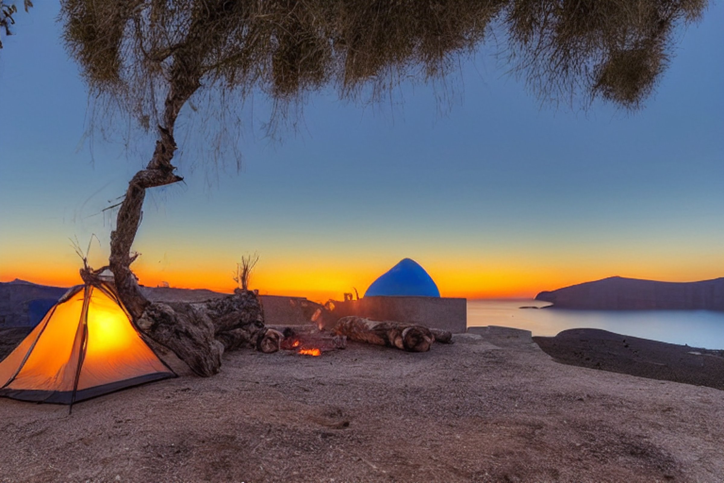 A tan tent rests on a rocky dirt patch in Santorini as the sun sets. A warm campfire glows beside a large log, with smooth stones and a big rock nearby. The distant moon rises over the peaceful landscape.