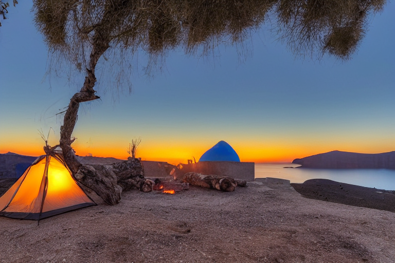 A tan tent rests on a rocky dirt patch in Santorini as the sun sets. A warm campfire glows beside a large log, with smooth stones and a big rock nearby. The distant moon rises over the peaceful landscape.