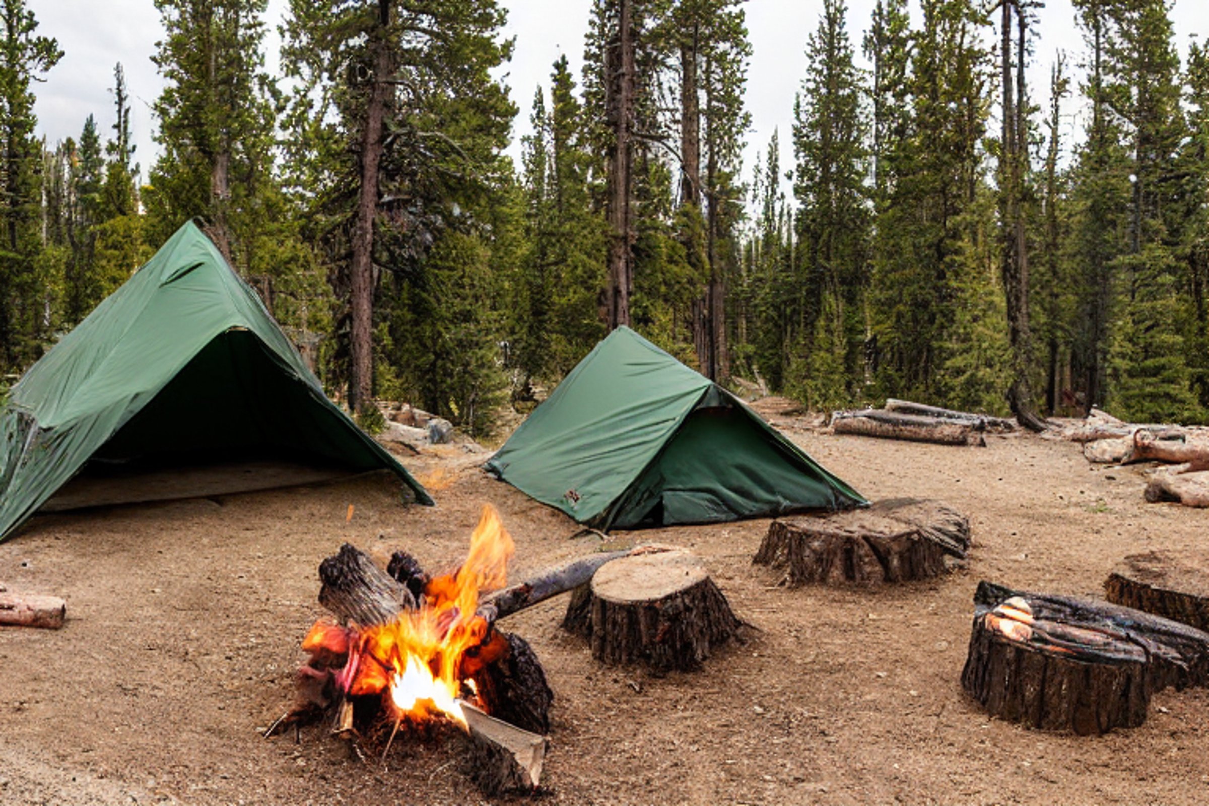 A green camo tent rests on a quiet dirt campsite in Yellowstone. A warm campfire glows between stones, with chairs nearby for relaxing. A hiking path and parking spot sit beneath the golden sunset sky.