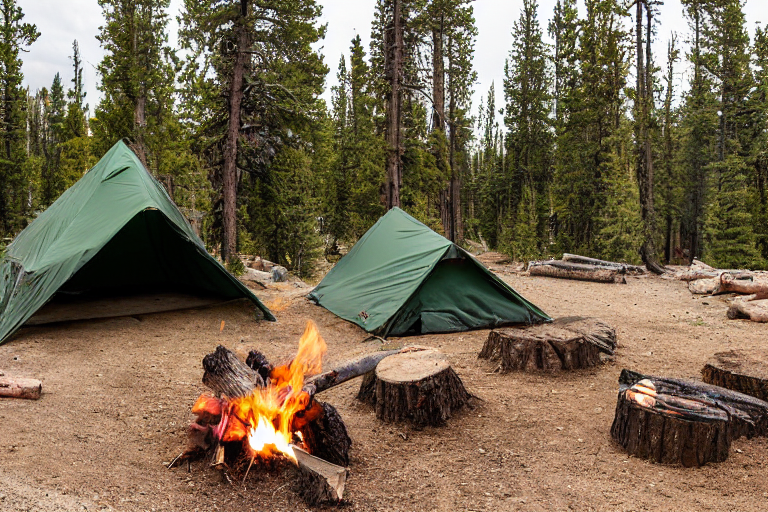 A green camo tent rests on a quiet dirt campsite in Yellowstone. A warm campfire glows between stones, with chairs nearby for relaxing. A hiking path and parking spot sit beneath the golden sunset sky.